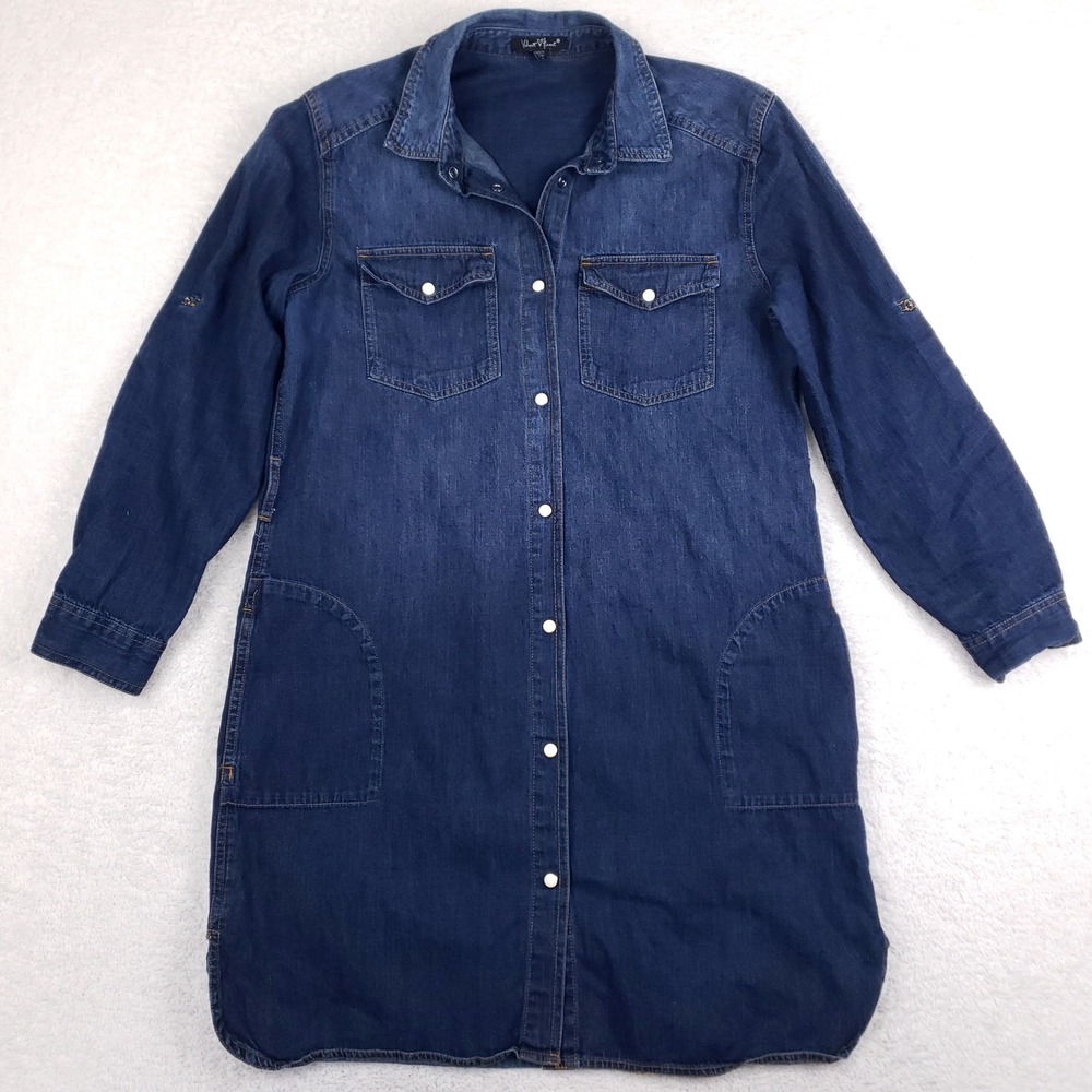 Velvet Heart Denim Shirt Dress Blue Pearl Snap Button Utility Tunic Roll Tab